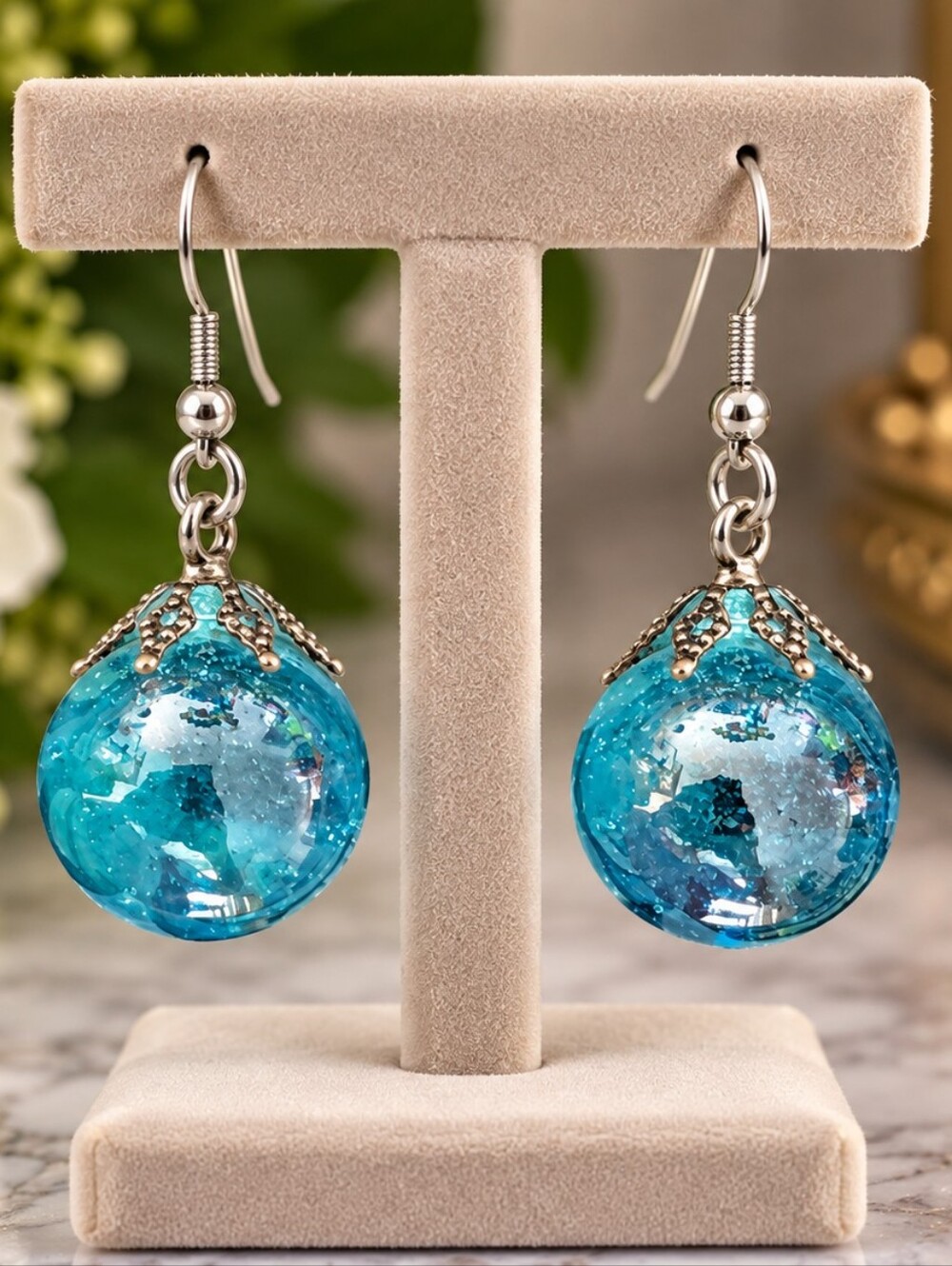 Vintage Aqua Sea Blue Glass Marble Earrings from the 90s - Pre-loved